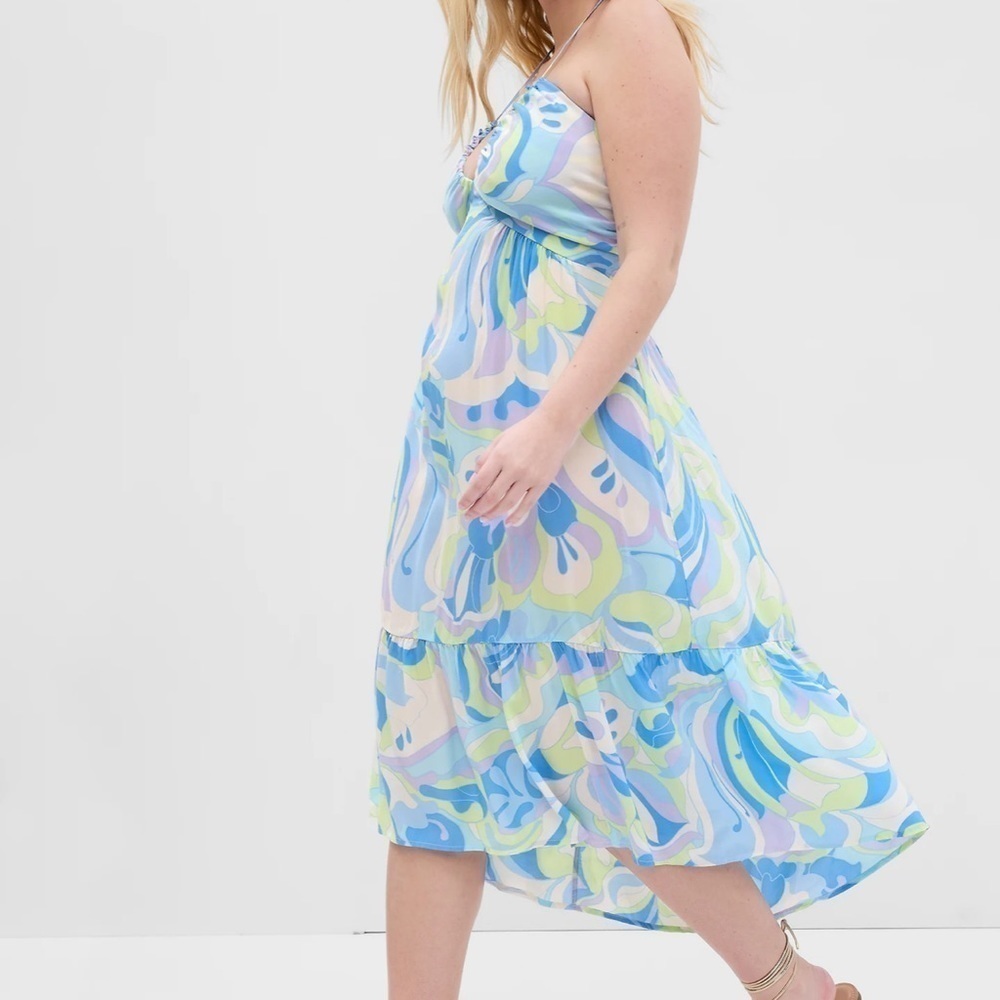 NWT Gap V-Neck Midi Dress Summer Blue Multi Print Size XXL​​​​​​​​​